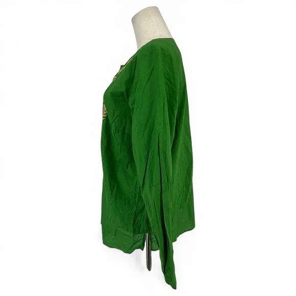 Susan Graver Style Green Cotton Embroidered Tunic Top Gold Beadwork Medium - Picture 5 of 10